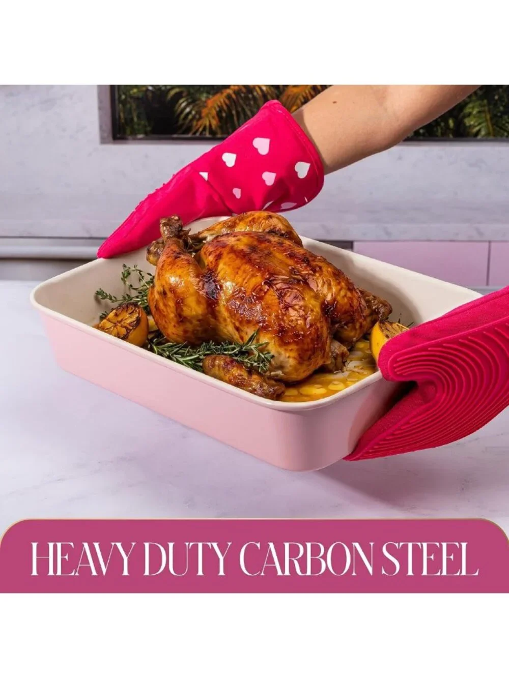 Nonstick Heart Pattern Bakeware Set - 5-Piece Heavy Duty Carbon Steel Pans, Pink